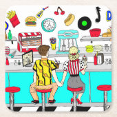 1950年代のカップルがダイナーで手を握り スクエアペーパーコースター (正面)