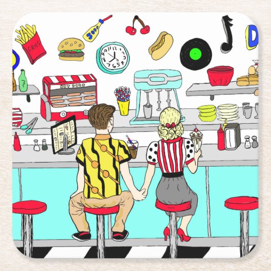 1950年代のカップルがダイナーで手を握り スクエアペーパーコースター (正面)