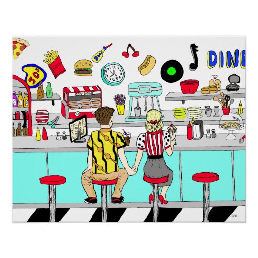 1950年代のカップルがダイナーで手を握り ポスター (正面)