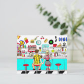 1950年代のカップルがダイナーで手を握り ポストカード (スタンド正面)