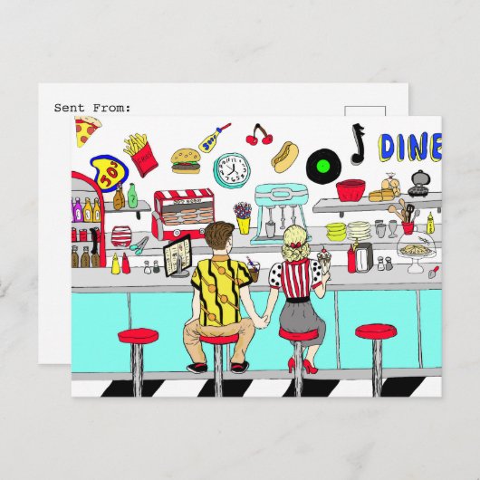 1950年代のカップルがダイナーで手を握り ポストカード (正面/裏面)