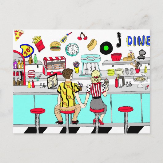 1950年代のカップルがダイナーで手を握り ポストカード (正面)