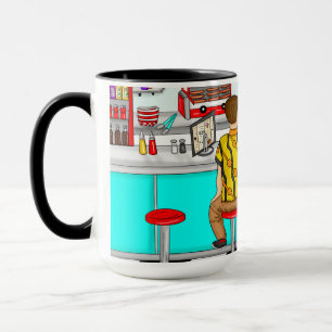1950年代のカップルがダイナーで手を握り マグカップ