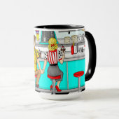 1950年代のカップルがダイナーで手を握り マグカップ (正面右)