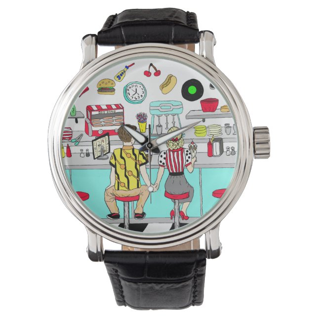 1950年代のカップルがダイナーで手を握り 腕時計 (正面)