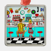 1950年代のカップルがダイナークリスマスに手を握り メタルオーナメント (正面)