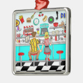 1950年代のカップルがダイナークリスマスに手を握り メタルオーナメント (左)