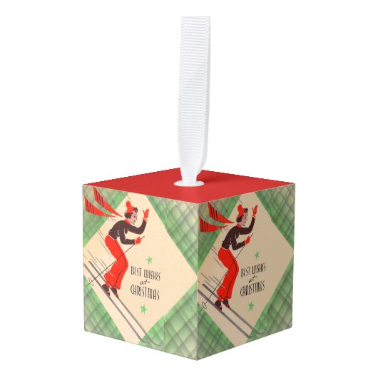 1950年代のクリスマススキーヤー キューブオーナメント (正面アングル)