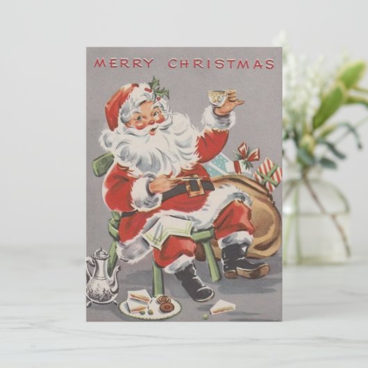 1950年代のサンタと紅茶とクッキーのクリスマスカスタムクリスマス シーズンカード (スタンド正面)