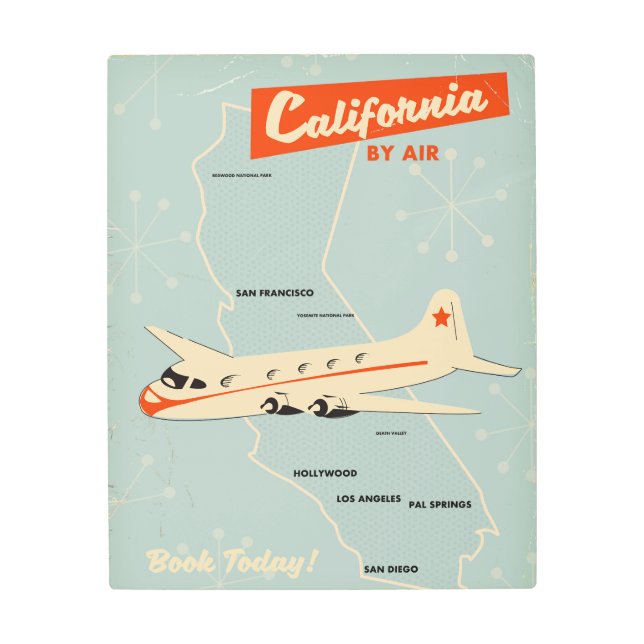 1950年代のスタイルカリフォルニア「by air」旅行ポスター メタルプリント (正面)