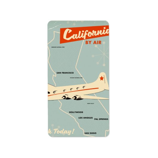 1950年代のスタイルカリフォルニア「by air」旅行ポスター ラベル (正面)