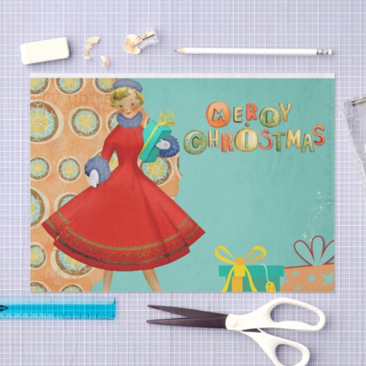 1950年代のスタイルクリスマスウーマンとプレゼント 薄葉紙 (クラフト)