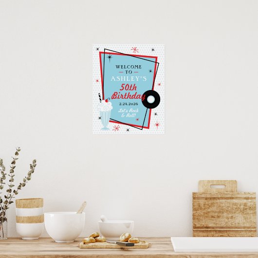 1950年代のソックホップ・バースデーパーティー・ウェルカムサイン ポスター (キッチン)