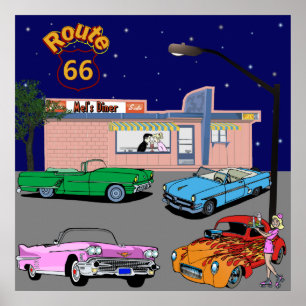 1950年代のダイナールート66とヴィンテージ車 ポスター