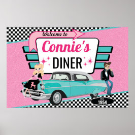 1950年代のダイナーレトロカー誕生日パーティーのソックホップ ポスター