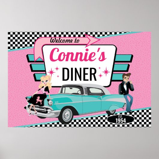 1950年代のダイナーレトロカー誕生日パーティーのソックホップ ポスター (正面)