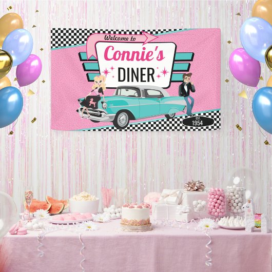 1950年代のダイナーレトロカー誕生日パーティーソックホップ 横断幕
