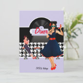 1950年代のダイナー ラベンダー ブラック＆ホワイト チェック柄 招待状 (スタンド正面)