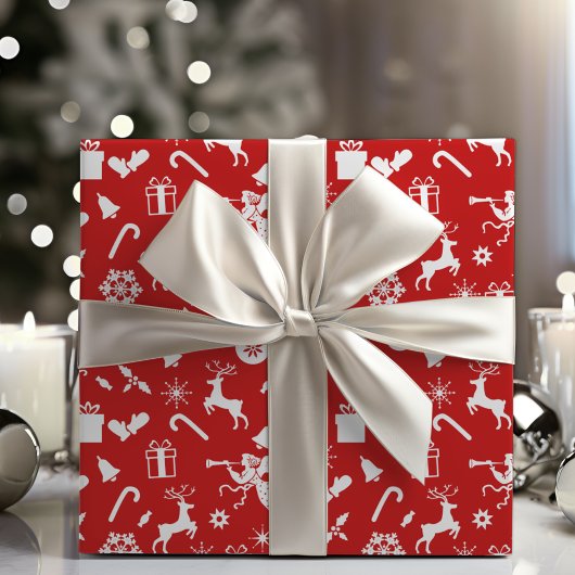 1950年代のノベルティ赤と白クラシッククリスマス ラッピングペーパー