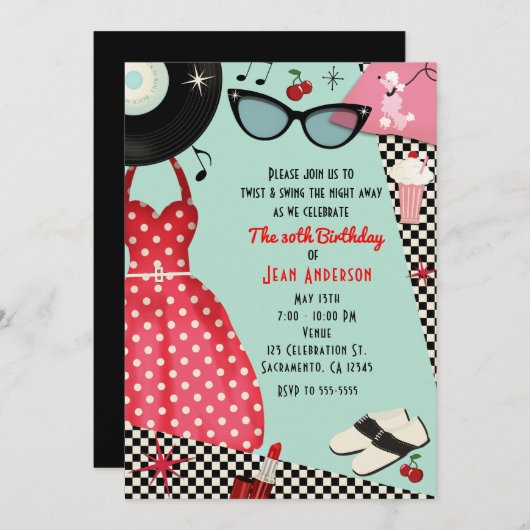 1950年代のフィフティーズドレスアップレトロビンテージ招待状 招待状 (正面/裏面)