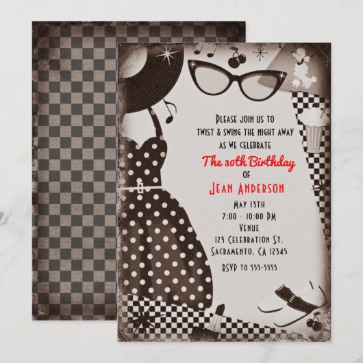 1950年代のレトロな黒と白のドレスアップ 招待状 (正面/裏面)