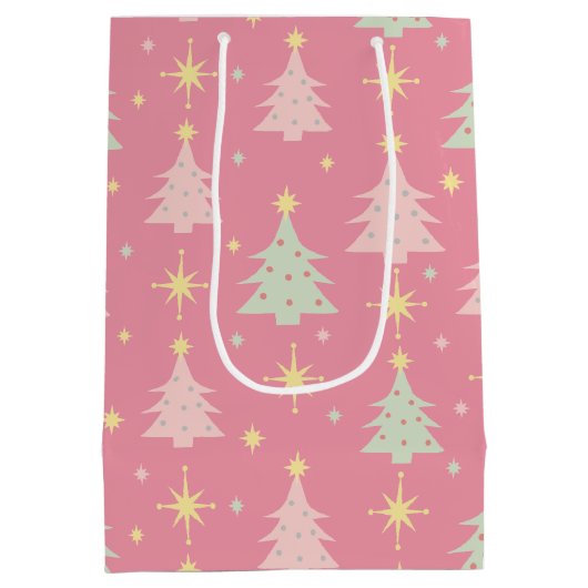 1950年代のレトロクリスマスパターン（ピンクとグリーン） ミディアムペーパーバッグ (裏面)