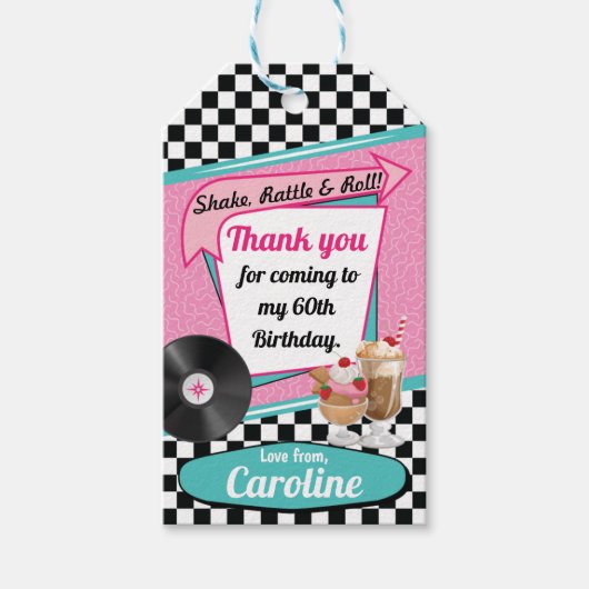 1950年代のレトロダイナー誕生日パーティーピンクティール（緑がかった色）のお願い ギフトタグ (正面)