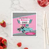 1950年代のレトロディーナーヴィンテージカーティール（緑がかった色）ピンク誕生日 スタンダードカクテルナプキン (インサイチュ)