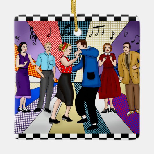 1950年代のレトロ懐かしいカップル踊りクリスマス セラミックオーナメント (正面)