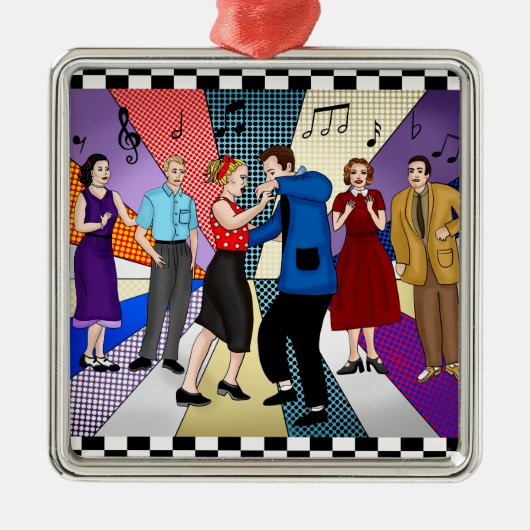 1950年代のレトロ懐かしいカップル踊りクリスマス メタルオーナメント (正面)