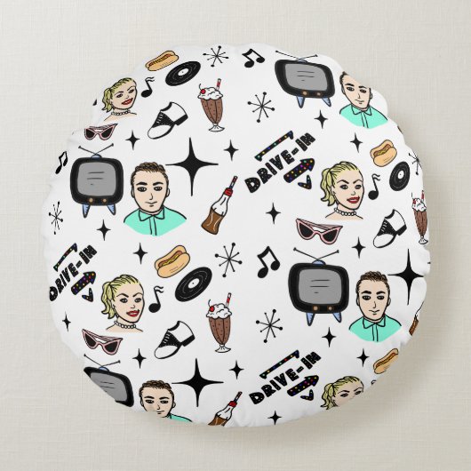 1950年代のレトロ懐かしいグラフィック ラウンドクッション (正面)
