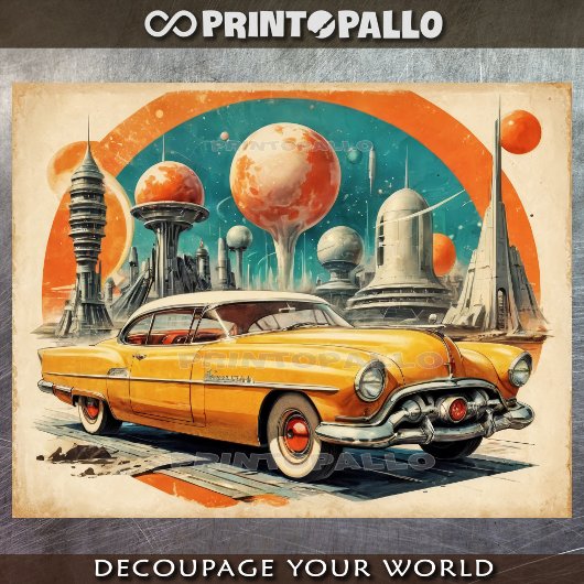 1950年代のレトロ未来主義：未来的な車、燃料局 薄葉紙