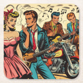 1950年代のヴィンテージロックアンドロール漫画 スクエアペーパーコースター (正面)