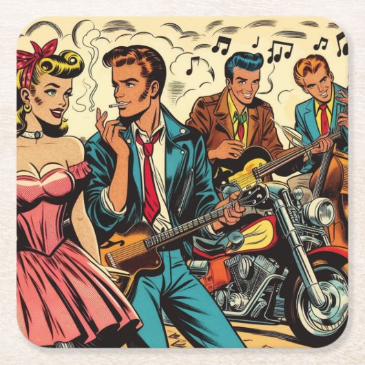 1950年代のヴィンテージロックアンドロール漫画 スクエアペーパーコースター (正面)
