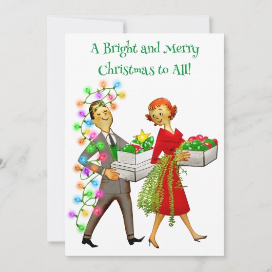 1950年代のヴィンテージ レディーがクリスマスツリーを飾る シーズンカード (正面)