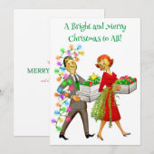 1950年代のヴィンテージ レディーがクリスマスツリーを飾る シーズンカード (正面/裏面)