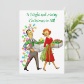 1950年代のヴィンテージ レディーがクリスマスツリーを飾る シーズンカード (スタンド正面)