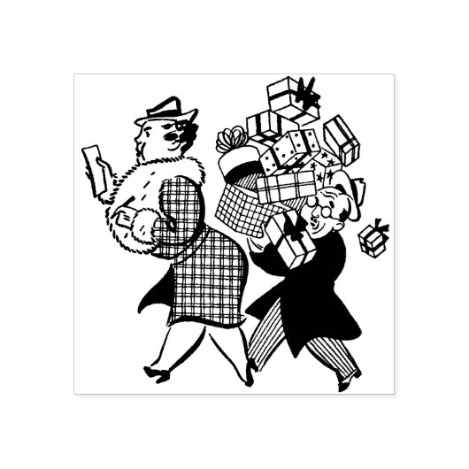 1950年代の男性と女性のクリスマスショッピング ラバースタンプ (インプリント)