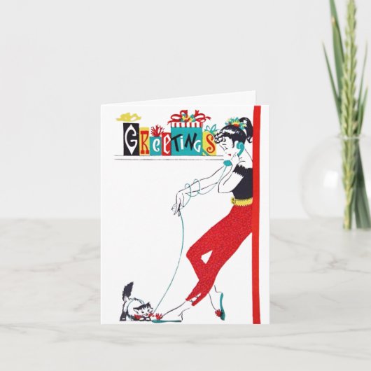 1950年代の電話中のティーンガールと子猫 シーズンカード (正面)