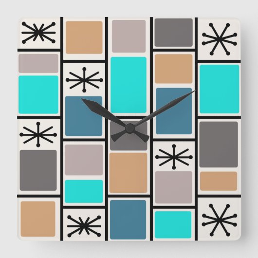 1950年代アトミック時代の長方形スターバスト スクエア壁時計 (正面)