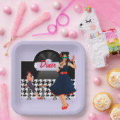 1950年代ダイナーラベンダーブラック&ホワイト市松模様に ペーパープレート (パーティー)