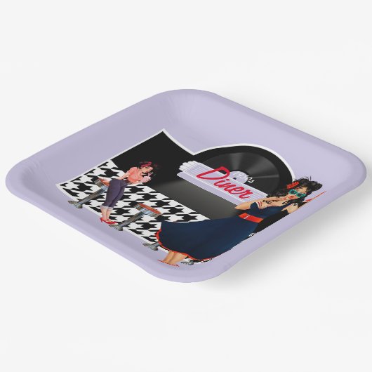 1950年代ダイナーラベンダーブラック&ホワイト市松模様に ペーパープレート (傾斜あり)