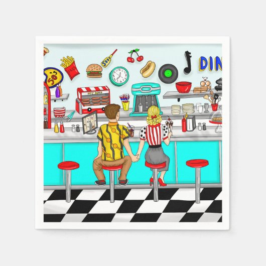 1950年代ダイナー | Couple Holding Hands スタンダードカクテルナプキン (正面)