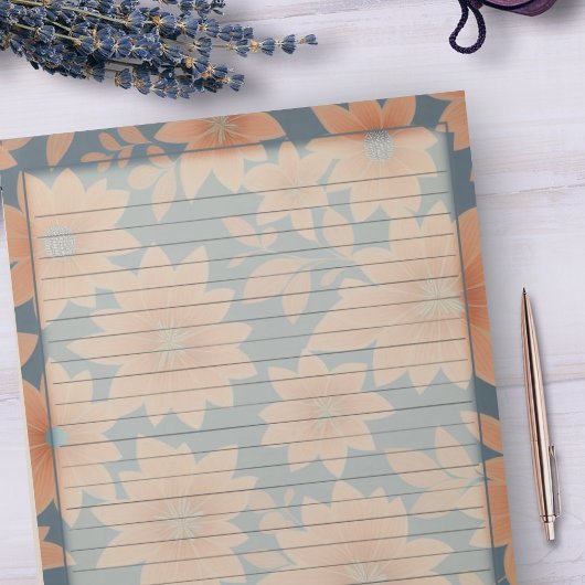 1950年代ダスティブルーオレンジレトロミッドセンチュリーフローラ ノートパッド
