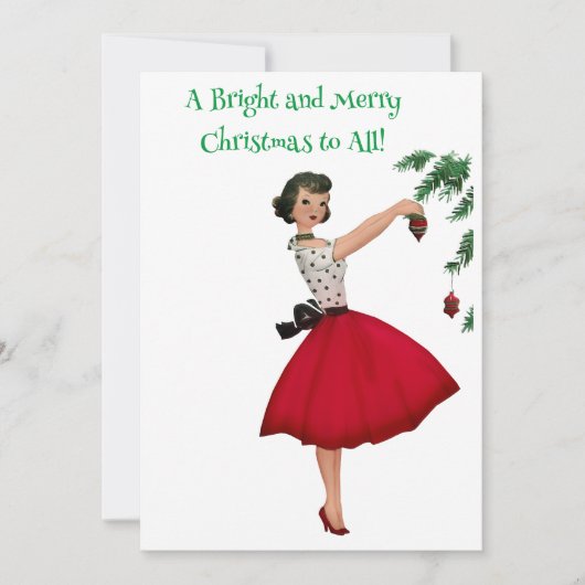 1950年代レトロな女性のクリスマスツリーの飾り付け シーズンカード (正面)