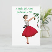 1950年代レトロな女性のクリスマスツリーの飾り付け シーズンカード (スタンド正面)