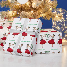 1950年代レトロな女性のクリスマスツリーの飾り付け ラッピングペーパー