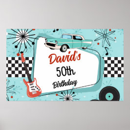 1950年代レトロな赤と青の誕生日パーティー ポスター