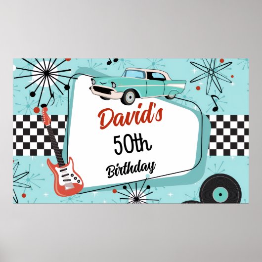 1950年代レトロな赤と青の誕生日パーティー ポスター (正面)