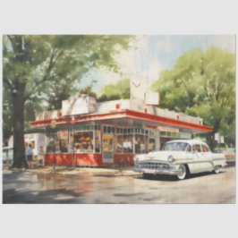 1950年代レトロアメリカンダイナー 水彩画 薄葉紙